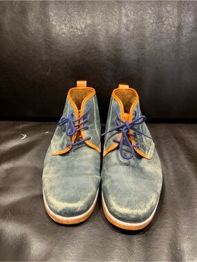 Heavily Distressed /worn Blue Leather Chukka Boots with Orange Trim EU42